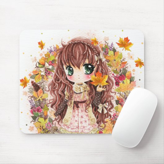 Niedliches Animemädchen mit Herbst-Blätter Mousepad (Mit Mouse)