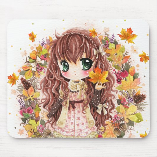 Niedliches Animemädchen mit Herbst-Blätter Mousepad (Vorne)