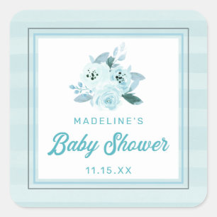 Niedliches Aqua & Baby Blue Floral Baby Dusche Gef Quadratischer Aufkleber