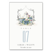 Niedliches Aqua Blue Blumenstrauß Teapot Wappen Ho Tischnummer (Vorderseite)