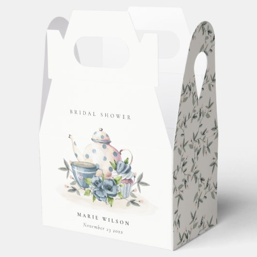 Niedliches Aqua Blue Floral Teapot Cups Brautparty Geschenkschachtel (Geöffnet)