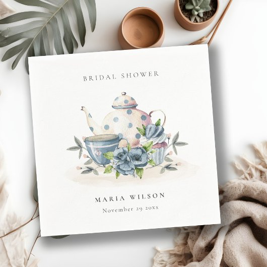 Niedliches Aqua Blue Floral Teapot Cups Brautparty Serviette