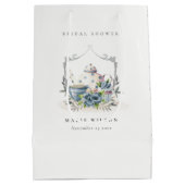Niedliches Aqua Blue Floral Teapot Wappen Brautpar Mittlere Geschenktüte (Rückseite)