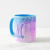 Niedliches Aqua Lila Unicorn Glitzer Tropfen Monog Tasse (Vorderseite Links)