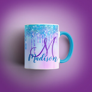 Niedliches Aqua Lila Unicorn Glitzer Tropfen Monog Tasse