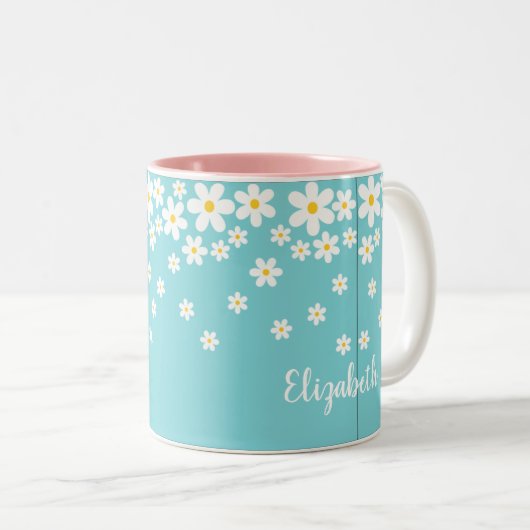 Niedliches Aqua und gelber weißer Daisy-Text Zweifarbige Tasse (VorderseiteRechts)
