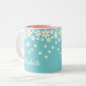 Niedliches Aqua und gelber weißer Daisy-Text Zweifarbige Tasse (Vorderseite Links)