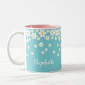 Niedliches Aqua und gelber weißer Daisy-Text Zweifarbige Tasse (Links)