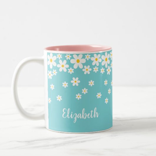 Niedliches Aqua und gelber weißer Daisy-Text Zweifarbige Tasse (Links)