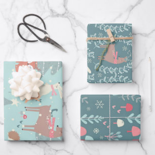 Niedliches Aquamarines Blaues Wald Weihnachten Geschenkpapier Set
