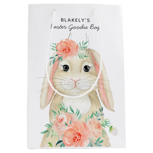 Niedliches Aquarell Bunny Floral Ostern | Name Mittlere Geschenktüte (Vorderseite)