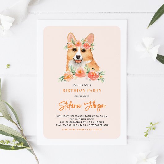 Niedliches Aquarell Corgi Peach Floral Kindergebur Einladung
