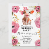Niedliches Aquarell Kuh Geburtstag Pink Florals Einladung (Vorderseite)