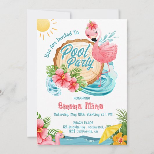 niedliches Aquarell Rosa Flamingo Pool Party Einladung (Vorderseite)