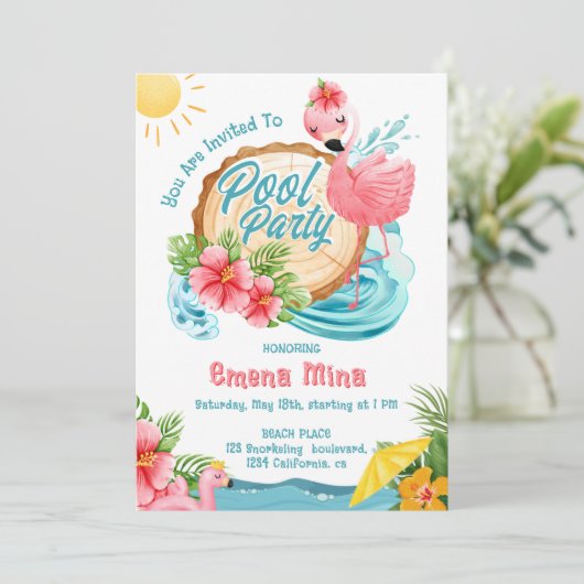 niedliches Aquarell Rosa Flamingo Pool Party Einladung (Stehend Vorderseite)