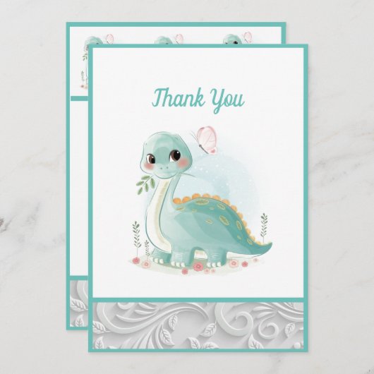Niedliches Aquarellbaby Dinosaurier Green Dankeskarte (Vorne/Hinten)