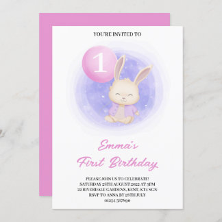 Niedliches Aquarellbunny 1. Geburtstag Party Einladung