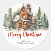 Niedliches Aquarellhaus Winterwald Runder Aufkleber (Vorderseite)