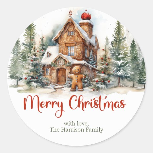 Niedliches Aquarellhaus Winterwald Runder Aufkleber (Vorderseite)
