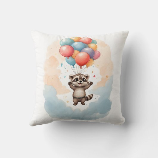 Niedliches Aquarellon Raccoon Farbige Balloons Kin Kissen (Rückseite)