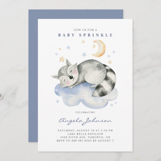 Niedliches Aquarellschläfchen Raccoon Baby Sprinkl Einladung (Vorne/Hinten)