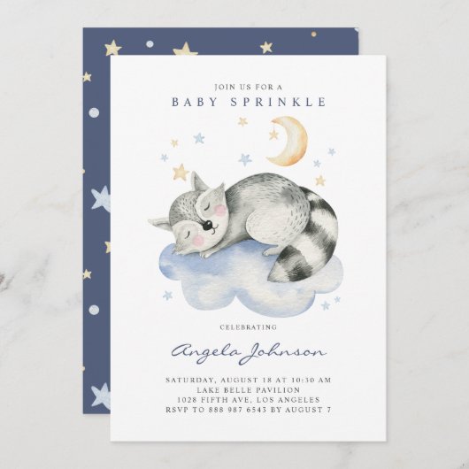 Niedliches Aquarellschläfchen Raccoon Baby Sprinkl Einladung (Vorne/Hinten)
