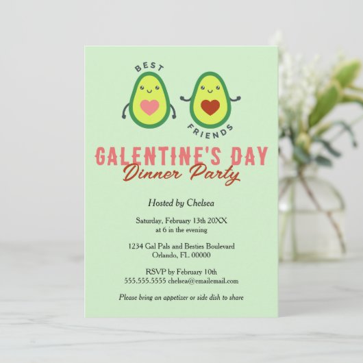 Niedliches Avocado Galentine's Day Dinner Party Einladung (Stehend Vorderseite)