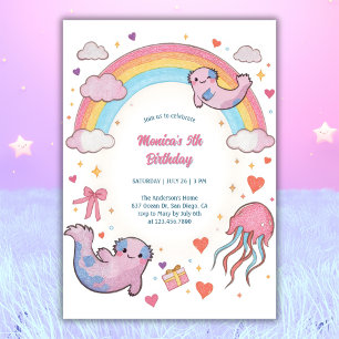 Niedliches Axolotl Rainbow Kindergeburtstag Party Einladung