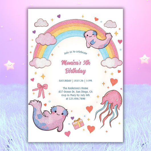 Niedliches Axolotl Rainbow Kindergeburtstag Party Einladung