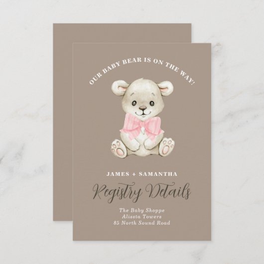 Niedliches Baby-Bärenjunge in Pink Bow Geschenkreg Ankündigung (Vorne/Hinten)