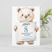 Niedliches Baby Bear and Sign Kindergeburtstag Par Einladung (Stehend Vorderseite)