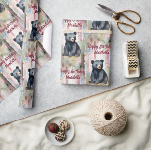 Niedliches Baby Bear Girl Personalisiert Geburtsta Geschenkpapier
