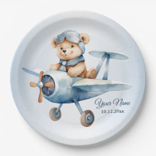 Niedliches Baby Bear Pilot Blue Airplane Pappteller
