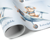 Niedliches Baby Bear Pilot Blue Flugzeug Schöne Geschenkpapier (Rolleneckpunkt)