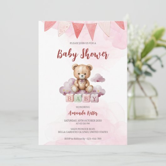Niedliches Baby Bear Watercolor Kinderdusche Einla Einladung (Stehend Vorderseite)