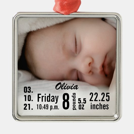 Niedliches Baby Birth Stats Birth Record Foto Ornament Aus Metall (Vorne)