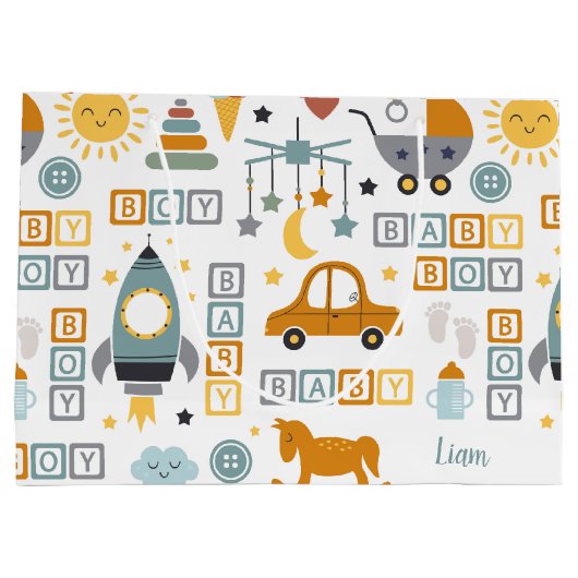 Niedliches Baby Boy Car Toy Muster und Name Baby D Große Geschenktüte (Rückseite)