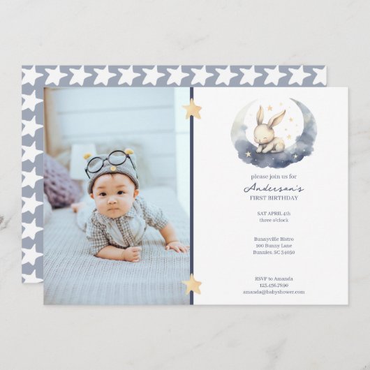 Niedliches Baby Bunny auf einem Mondkid's Geburtst Einladung (Vorne/Hinten)
