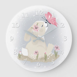 Niedliches Baby Bunny und Schmetterling. Große Wanduhr