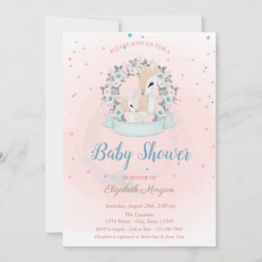 Niedliches Baby Deer, Stars Blue Rose Babydusche Einladung (Vorderseite)