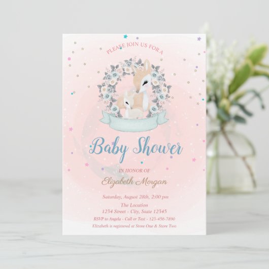 Niedliches Baby Deer, Stars Blue Rose Babydusche Einladung (Stehend Vorderseite)