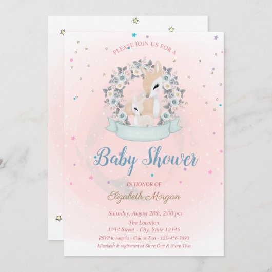 Niedliches Baby Deer, Stars Blue Rose Babydusche Einladung (Vorne/Hinten)