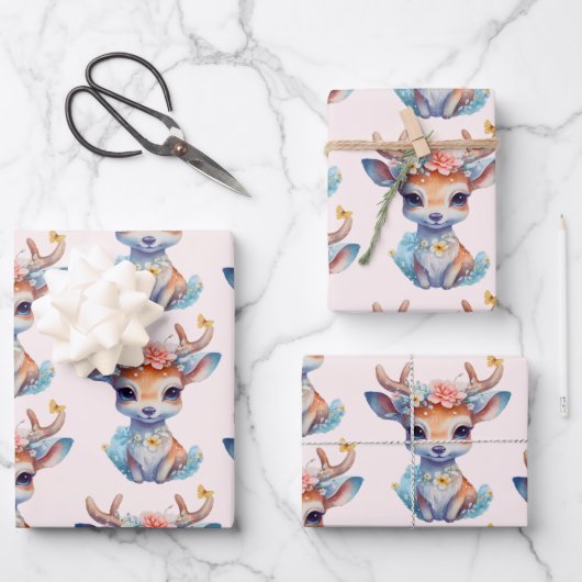 Niedliches Baby-Deh mit Antler- und Blume-Muster Geschenkpapier Set (Vorderseite)
