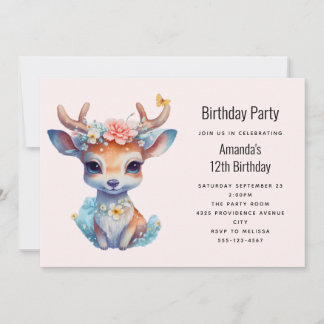 Niedliches Baby Deh mit Antlern und Blume Geburtst Einladung