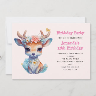 Niedliches Baby Deh mit Antlern und Blume Geburtst Einladung