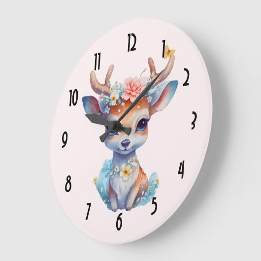 Niedliches Baby Deh mit Antlern und Blume Große Wanduhr (Winkel)