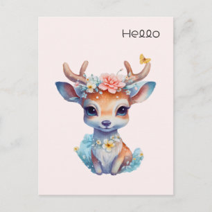 Niedliches Baby Deh mit Antlern und Blume Hallo Postkarte