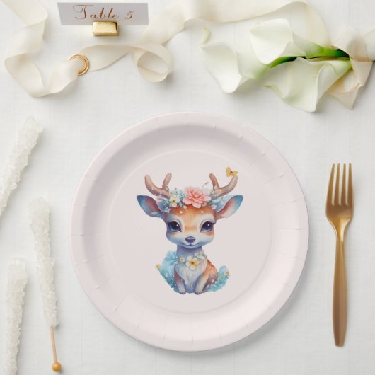 Niedliches Baby Deh mit Antlern und Blume Pappteller (Hochzeit)
