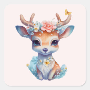 Niedliches Baby Deh mit Antlern und Blume Quadratischer Aufkleber