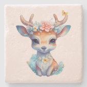 Niedliches Baby Deh mit Antlern und Blume Steinuntersetzer (Vorderseite)